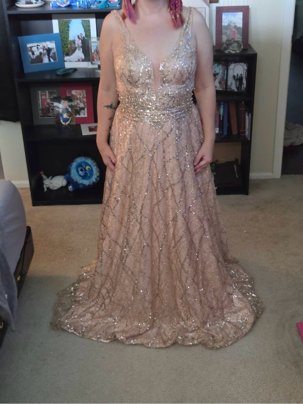 David's Bridal Gold Sequin A-Line Prom Gown